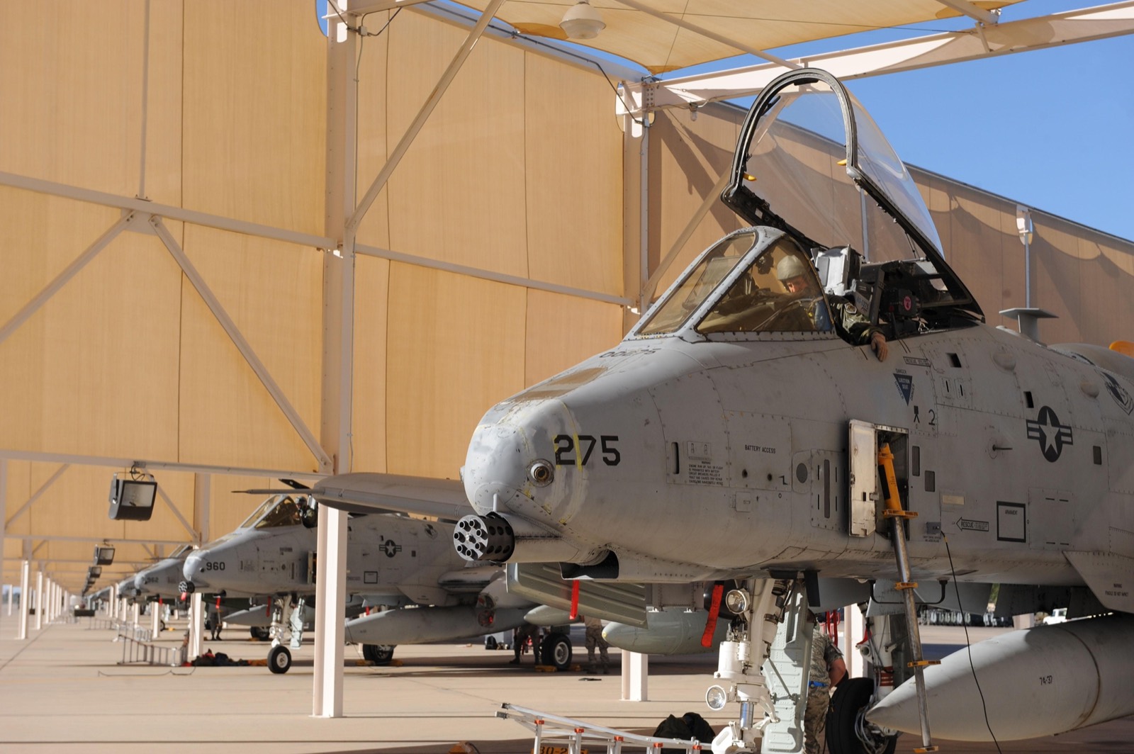 A-10 Thunderbolt II jets lined up on the flightline at Davis-Monthan Air Force Base in Tucson, Arizona