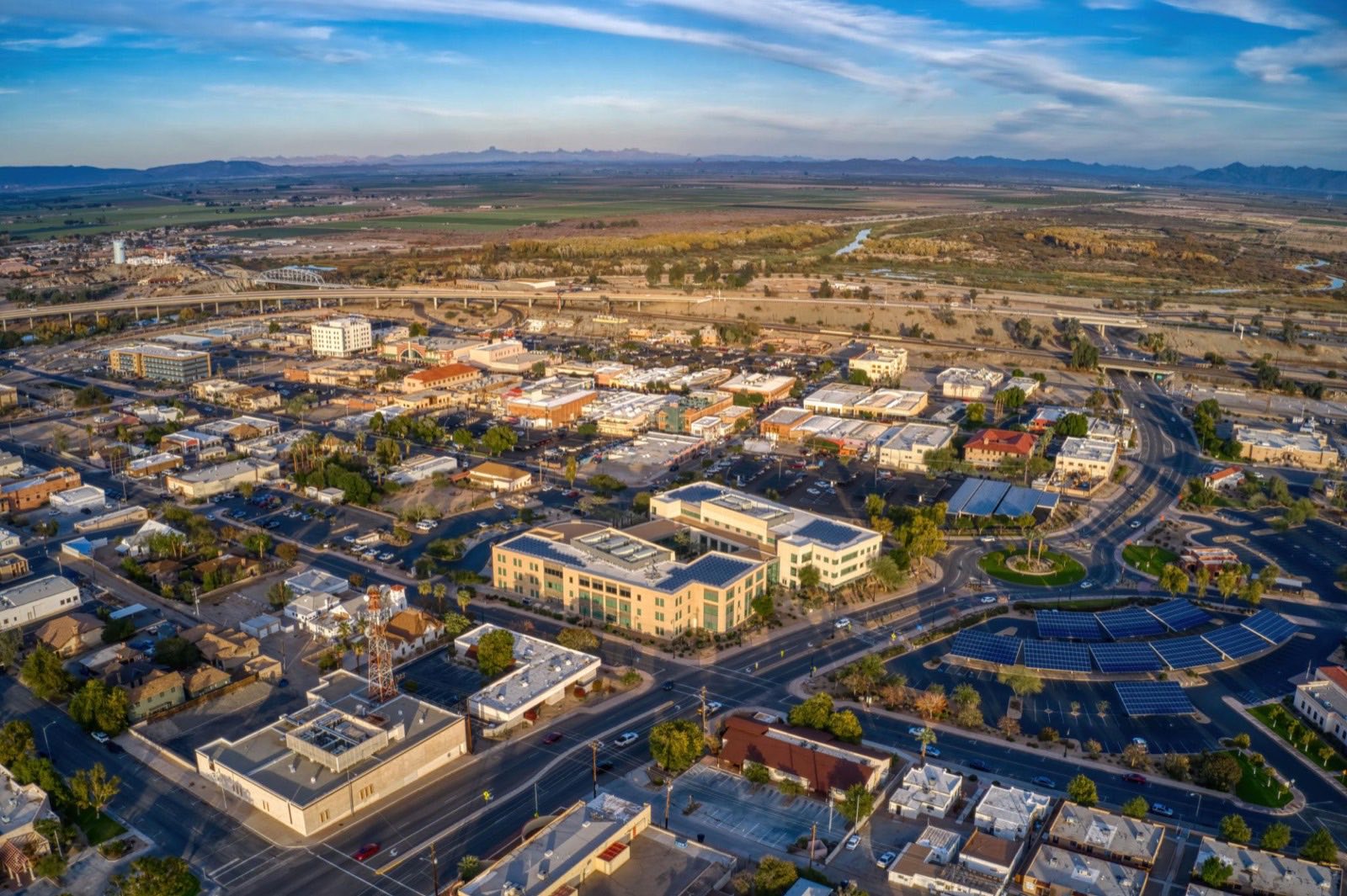 Aerial view of Yuma, Arizona at golden hour near Marine Corps Air Station Yuma